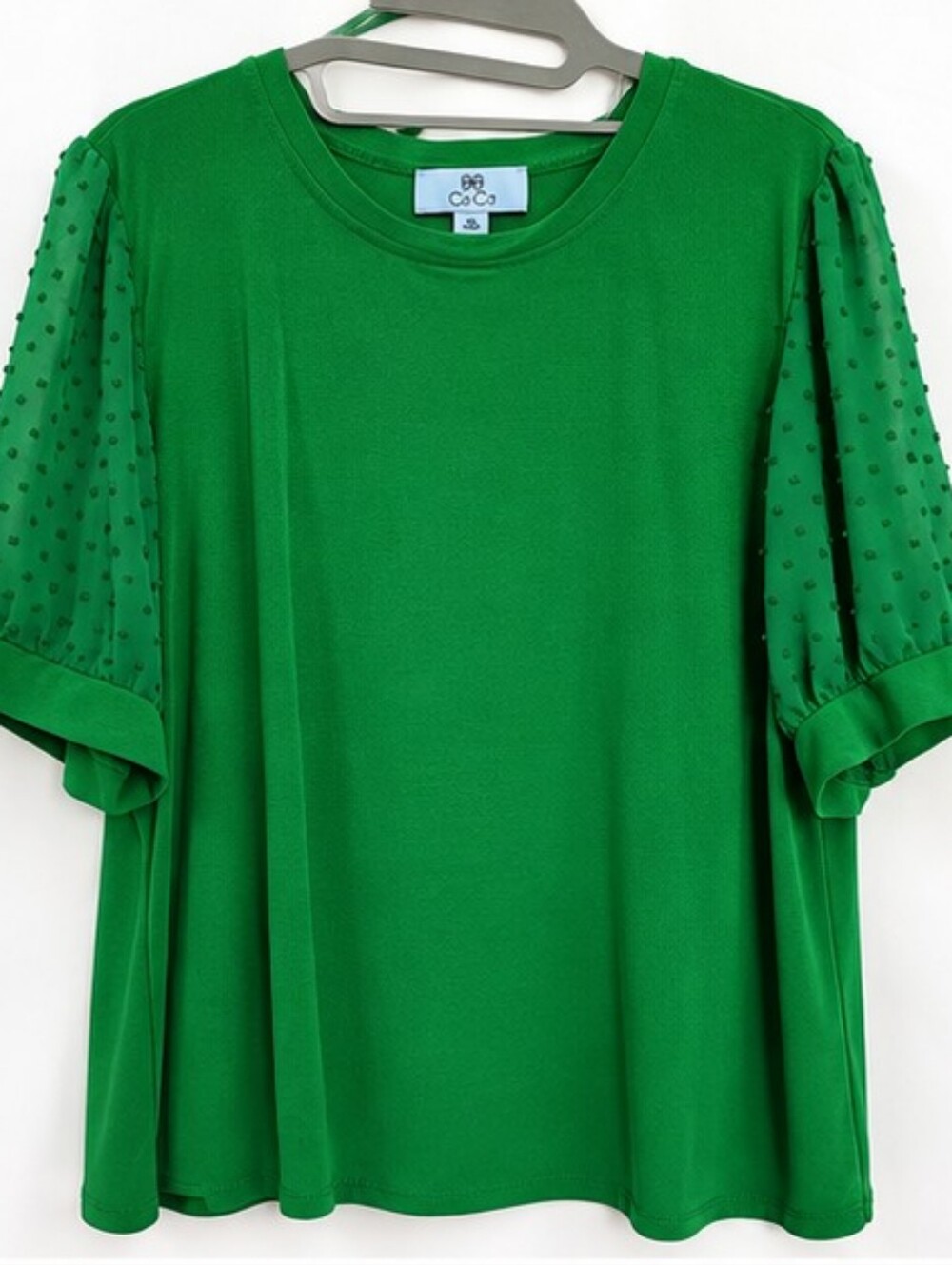 CeCe Lush Green Clip Dot Puff Sleeve Top Blouse, XL